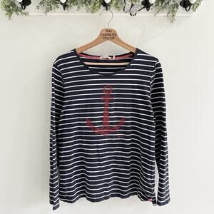 BARBOUR Frinton TShirt Nautical Maritime Striped Navy Anchor Long Sleeve Size 14